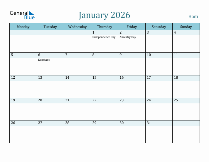 January 2026 Calendar with Holidays