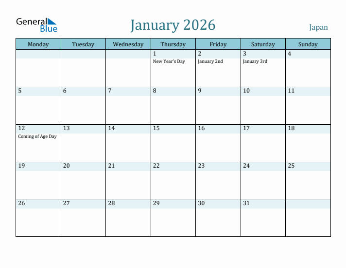 January 2026 Calendar with Holidays