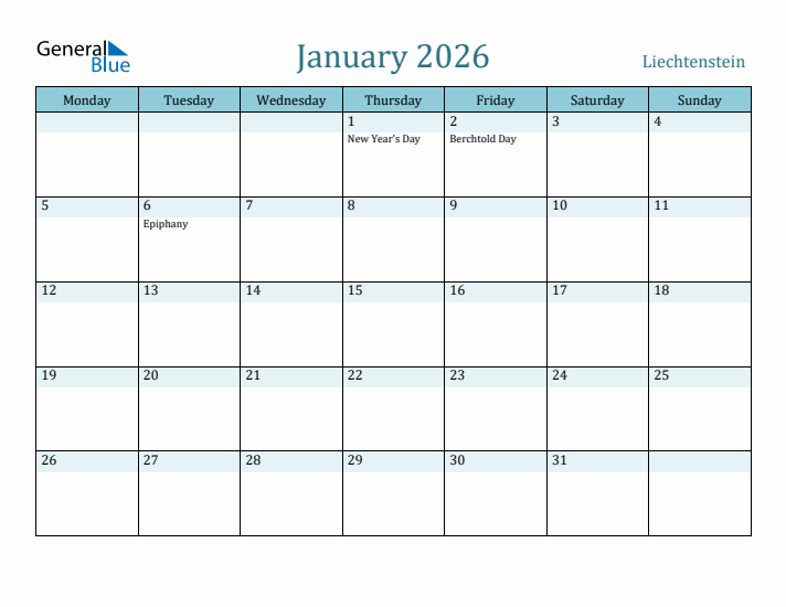 January 2026 Calendar with Holidays