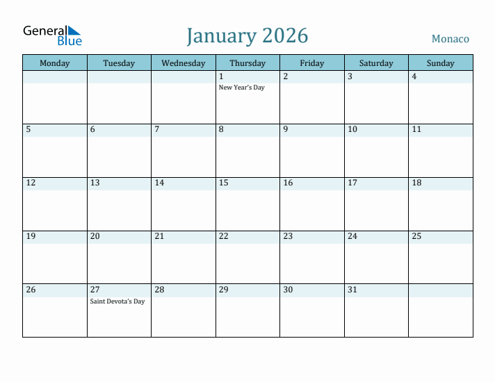 January 2026 Calendar with Holidays