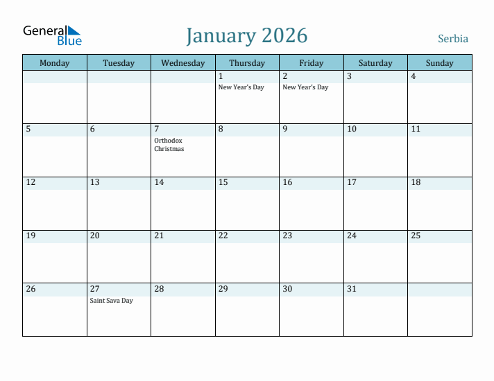 January 2026 Calendar with Holidays