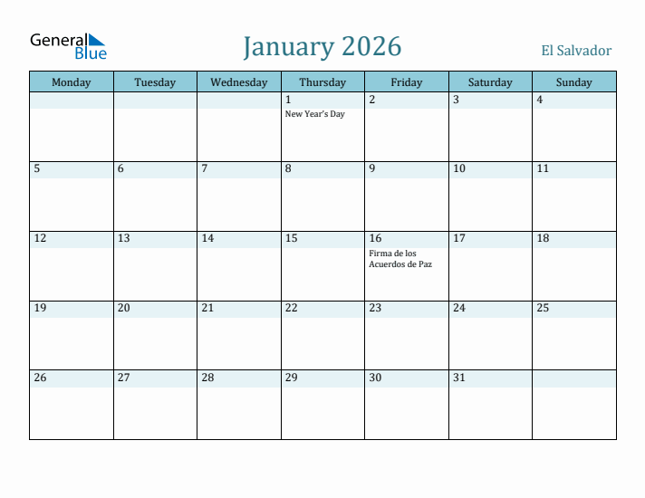 January 2026 Calendar with Holidays