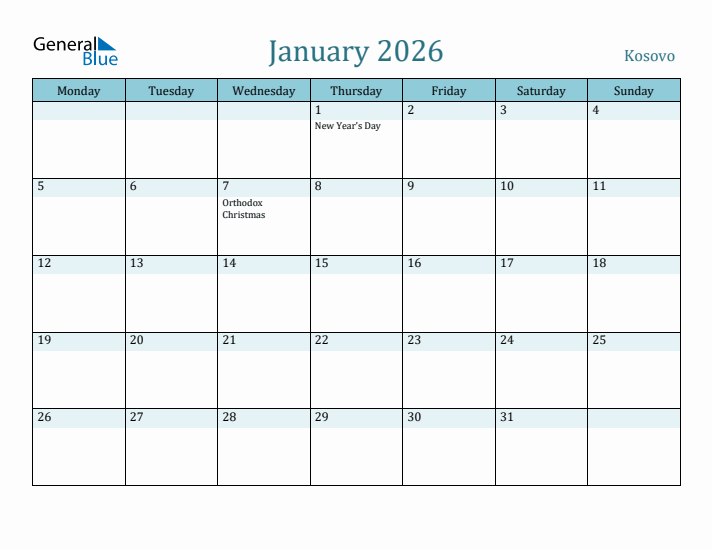 January 2026 Calendar with Holidays