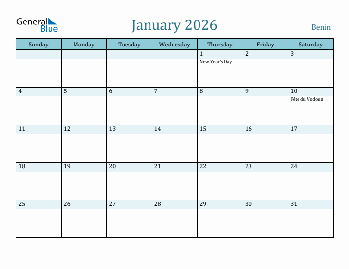 January 2026 Calendar with Holidays