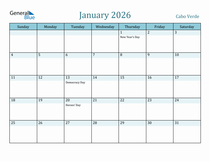 January 2026 Calendar with Holidays