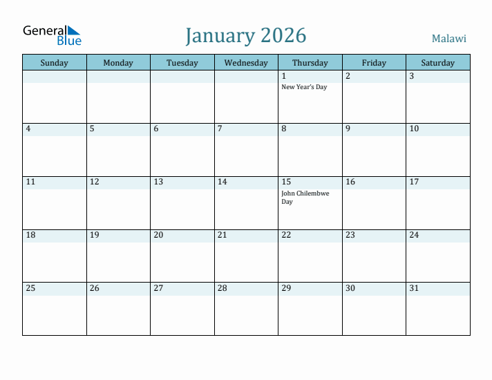 January 2026 Calendar with Holidays