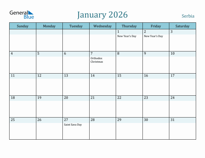 January 2026 Calendar with Holidays