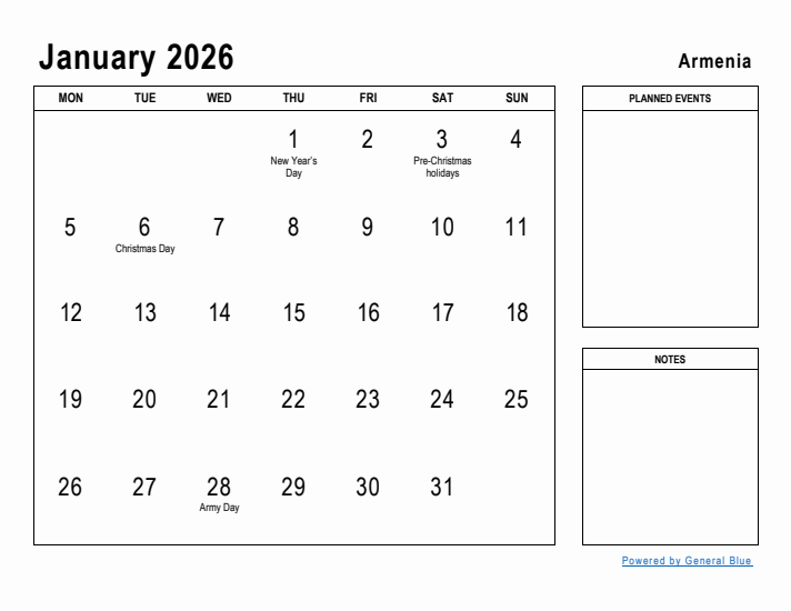 January 2026 Printable Monthly Calendar with Armenia Holidays