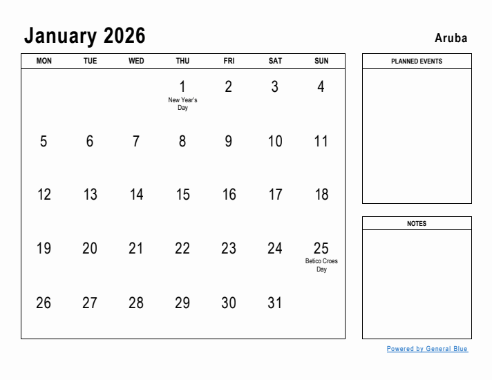 January 2026 Printable Monthly Calendar with Aruba Holidays