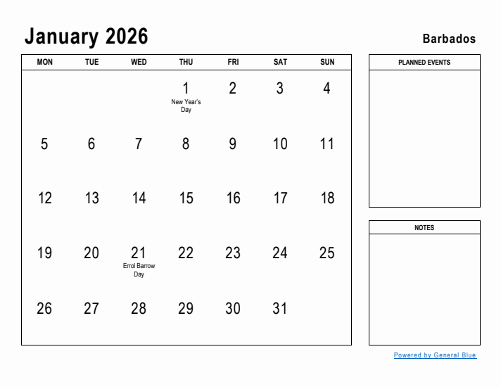 January 2026 Printable Monthly Calendar with Barbados Holidays