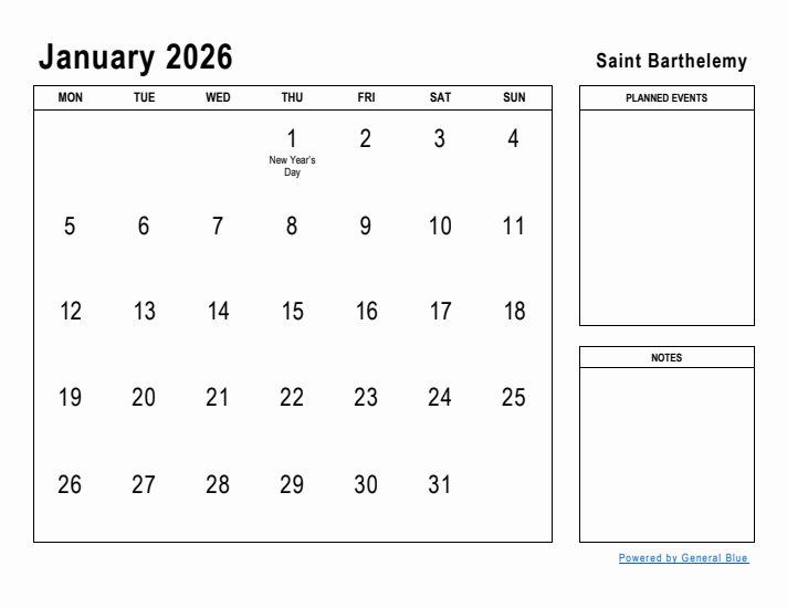 January 2026 Printable Monthly Calendar with Saint Barthelemy Holidays