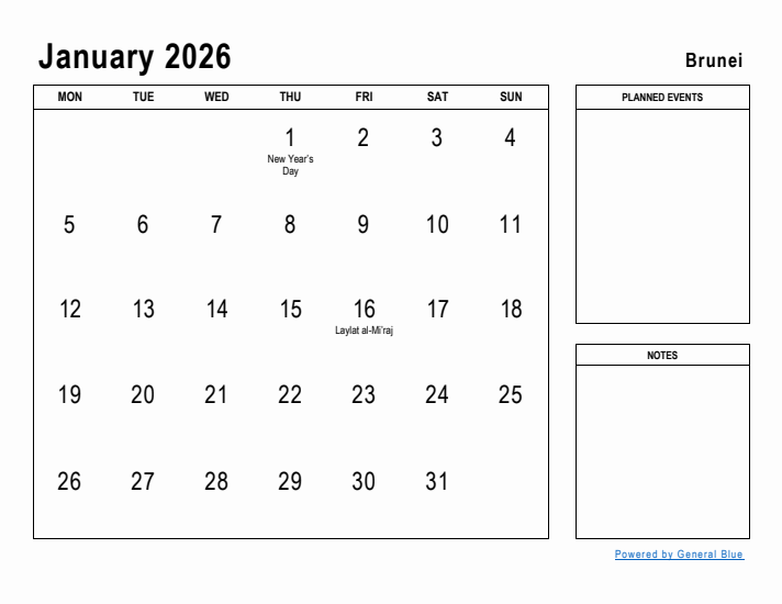 January 2026 Printable Monthly Calendar with Brunei Holidays