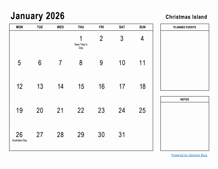 January 2026 Printable Monthly Calendar with Christmas Island Holidays