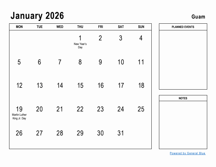 January 2026 Printable Monthly Calendar with Guam Holidays