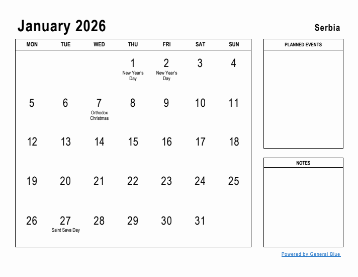 January 2026 Printable Monthly Calendar with Serbia Holidays