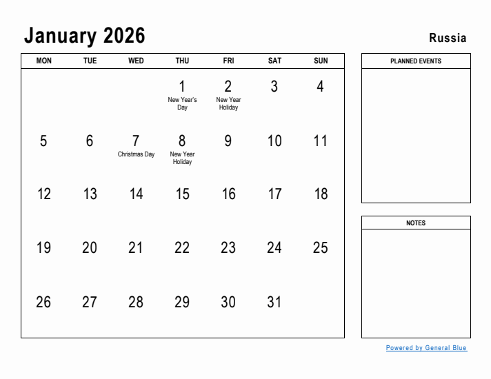 January 2026 Printable Monthly Calendar with Russia Holidays