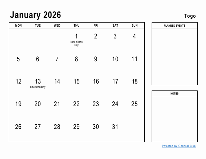 January 2026 Printable Monthly Calendar with Togo Holidays