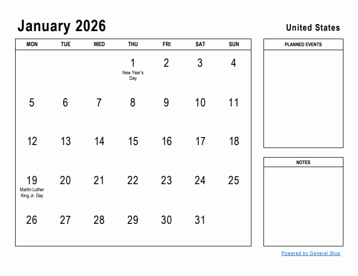 January 2026 Printable Monthly Calendar with United States Holidays