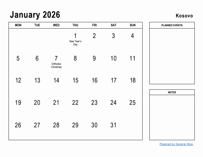 January 2026 Printable Monthly Calendar with Kosovo Holidays