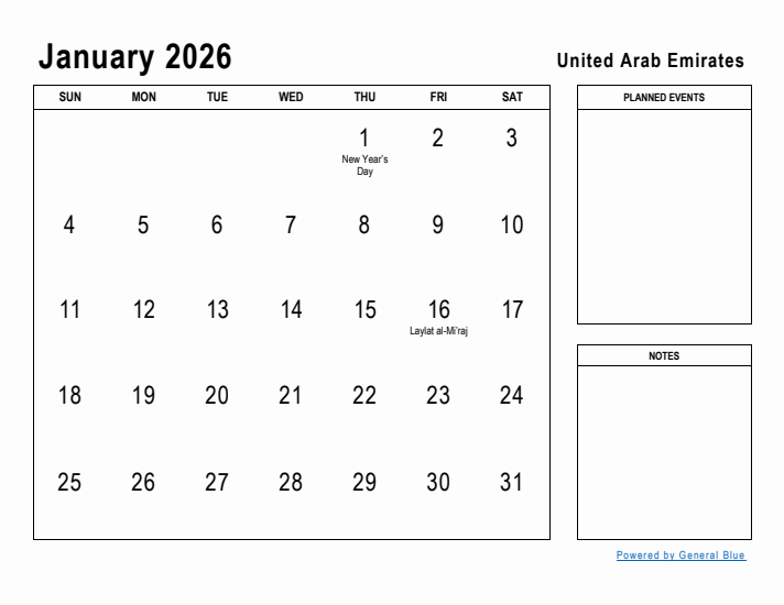 January 2026 Printable Monthly Calendar with United Arab Emirates Holidays