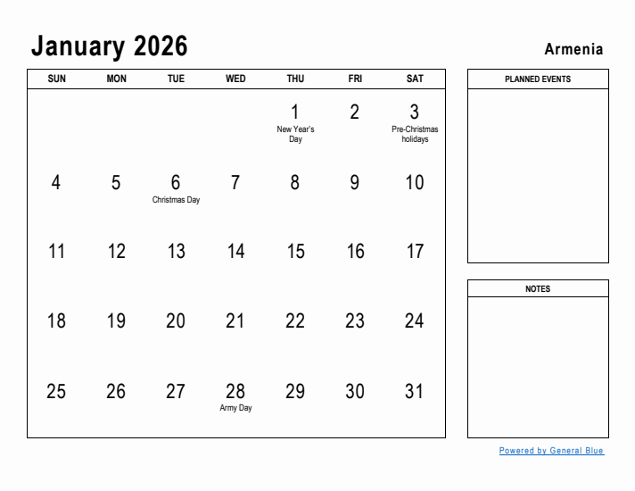 January 2026 Printable Monthly Calendar with Armenia Holidays