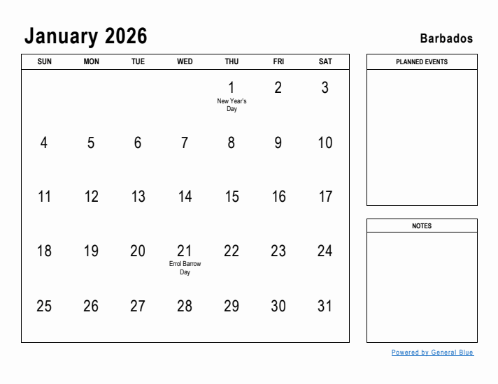 January 2026 Printable Monthly Calendar with Barbados Holidays