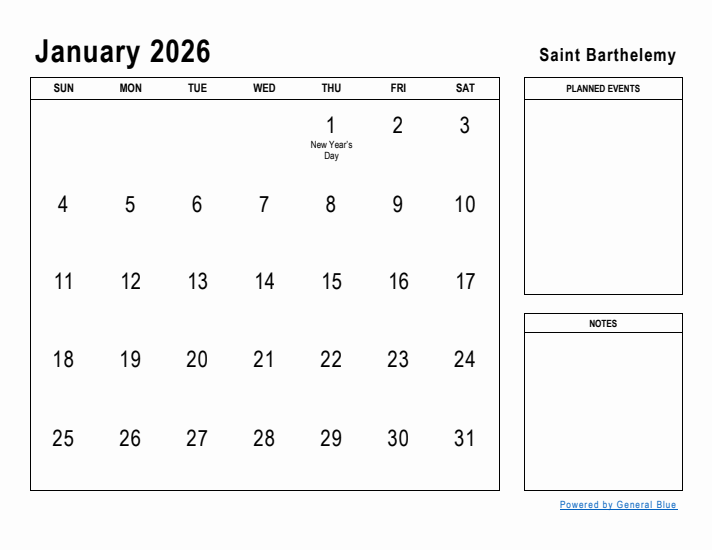 January 2026 Printable Monthly Calendar with Saint Barthelemy Holidays