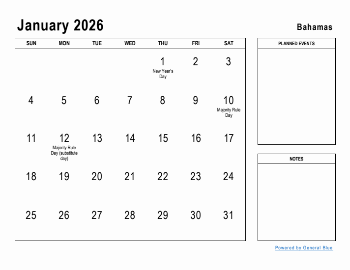 January 2026 Printable Monthly Calendar with Bahamas Holidays