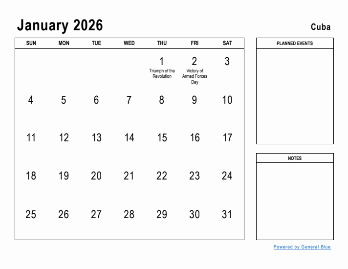 January 2026 Printable Monthly Calendar with Cuba Holidays