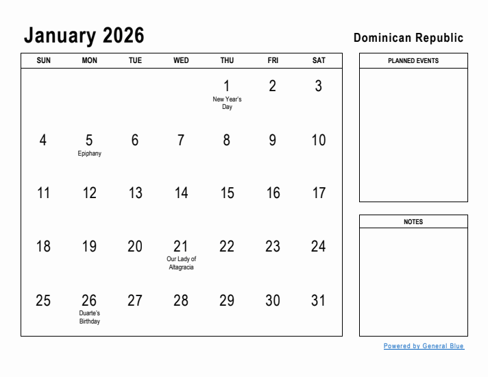 January 2026 Printable Monthly Calendar with Dominican Republic Holidays