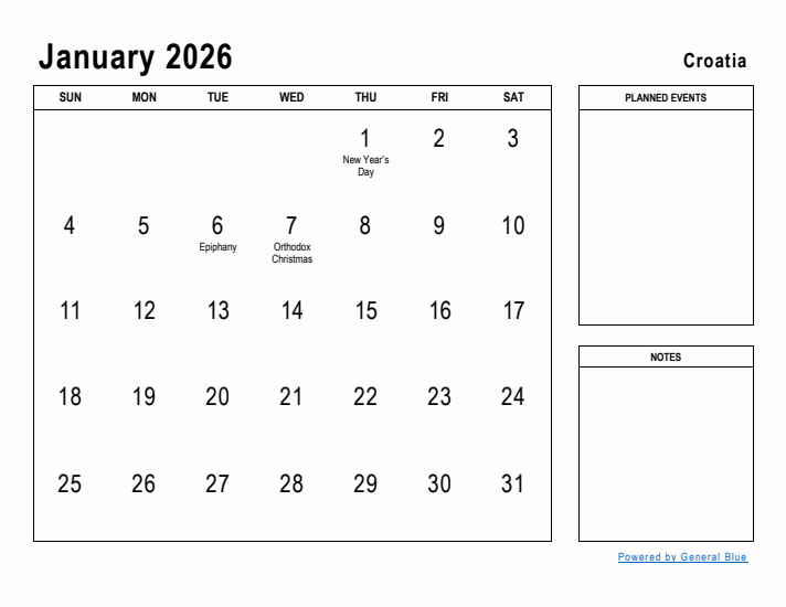 January 2026 Printable Monthly Calendar with Croatia Holidays