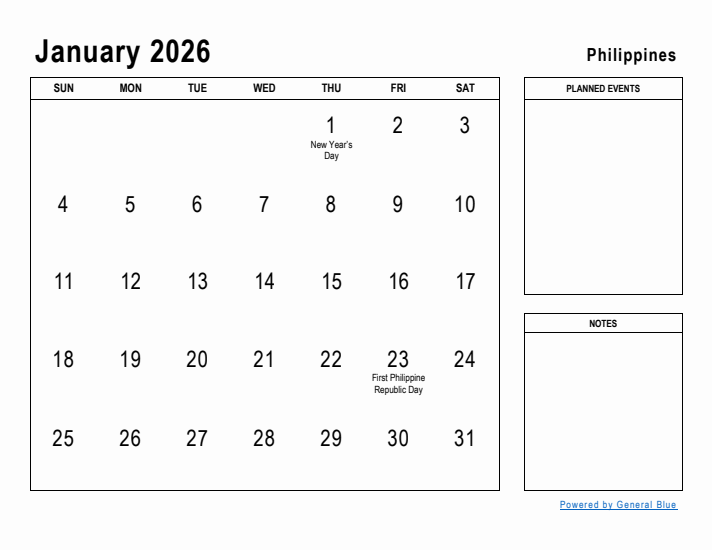 January 2026 Printable Monthly Calendar with Philippines Holidays