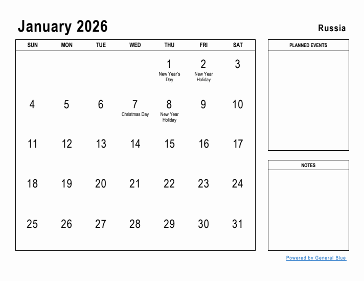 January 2026 Printable Monthly Calendar with Russia Holidays