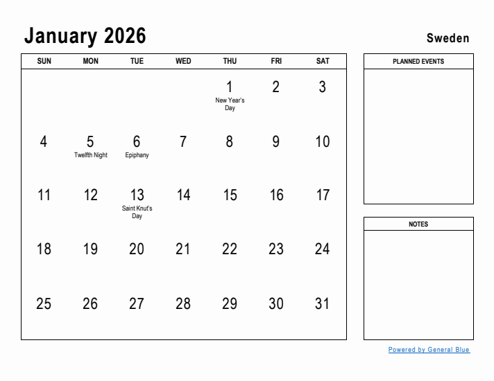 January 2026 Printable Monthly Calendar with Sweden Holidays