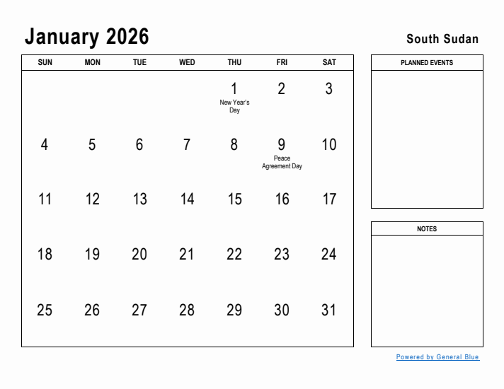 January 2026 Printable Monthly Calendar with South Sudan Holidays