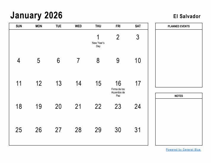 January 2026 Printable Monthly Calendar with El Salvador Holidays