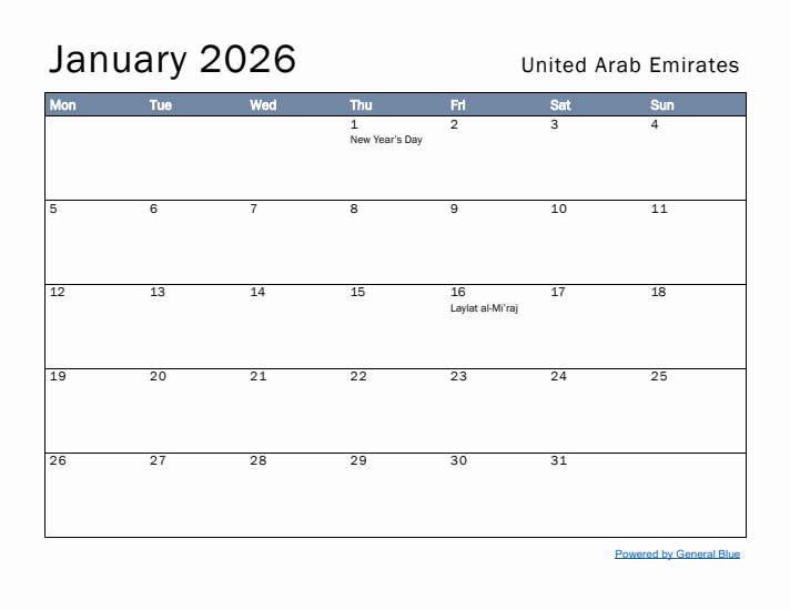 January 2026 Simple Monthly Calendar for United Arab Emirates