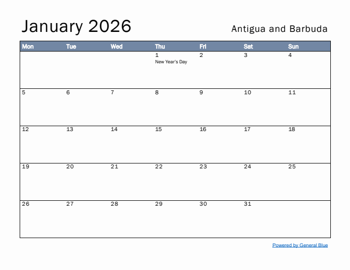 January 2026 Simple Monthly Calendar for Antigua and Barbuda