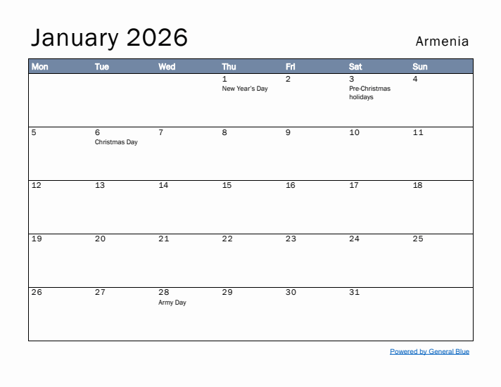 January 2026 Simple Monthly Calendar for Armenia