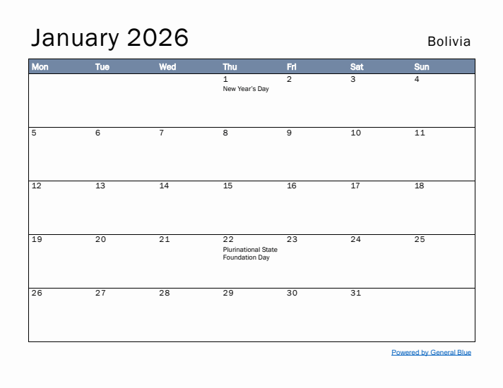 January 2026 Simple Monthly Calendar for Bolivia