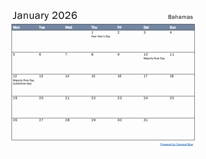 January 2026 Simple Monthly Calendar for Bahamas