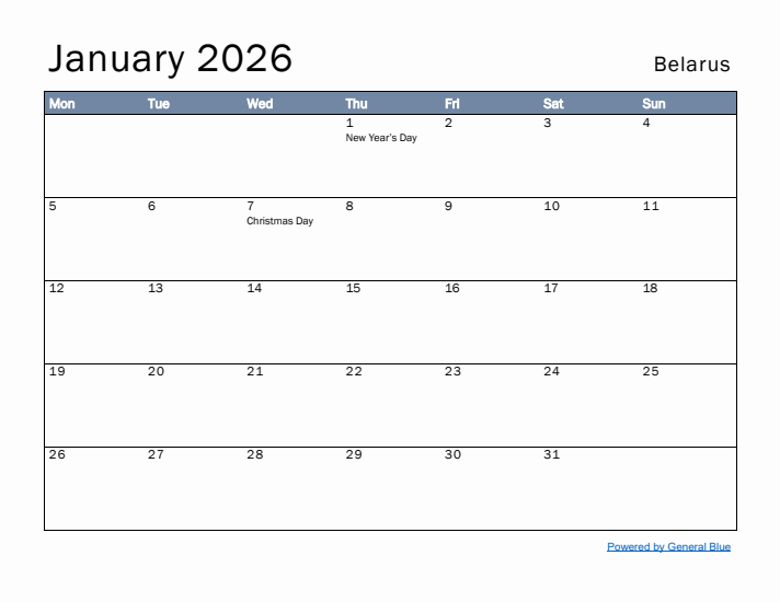 January 2026 Simple Monthly Calendar for Belarus