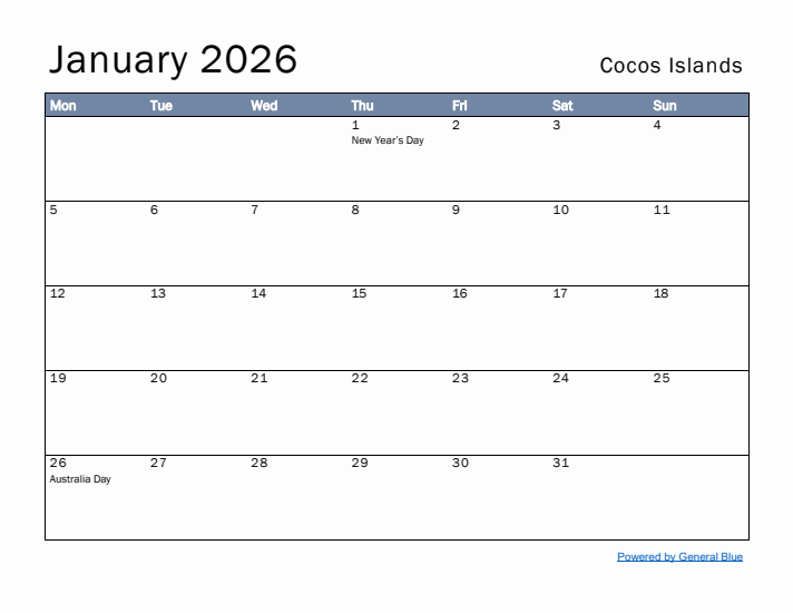 January 2026 Simple Monthly Calendar for Cocos Islands