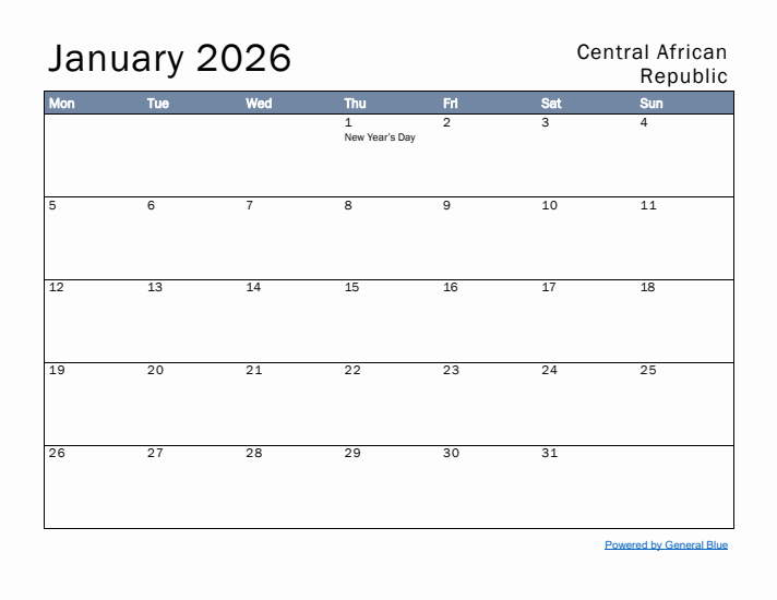 January 2026 Simple Monthly Calendar for Central African Republic