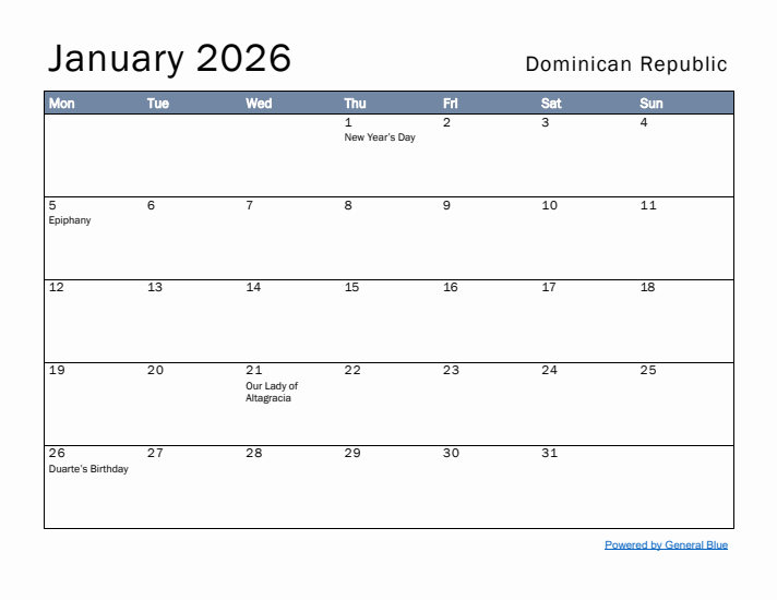 January 2026 Simple Monthly Calendar for Dominican Republic