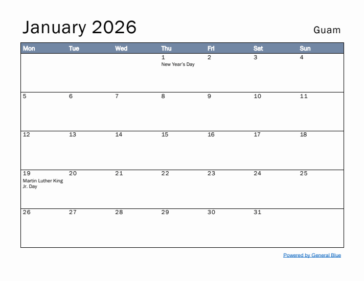 January 2026 Simple Monthly Calendar for Guam