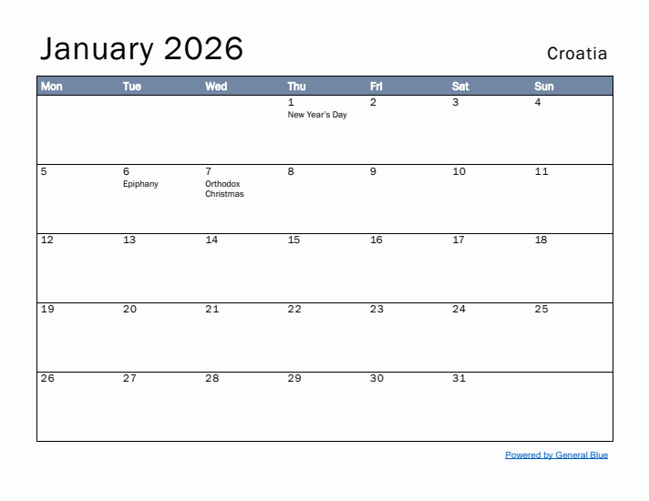 January 2026 Simple Monthly Calendar for Croatia