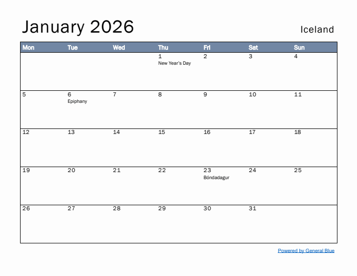 January 2026 Simple Monthly Calendar for Iceland