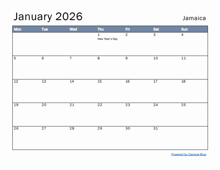 January 2026 Simple Monthly Calendar for Jamaica