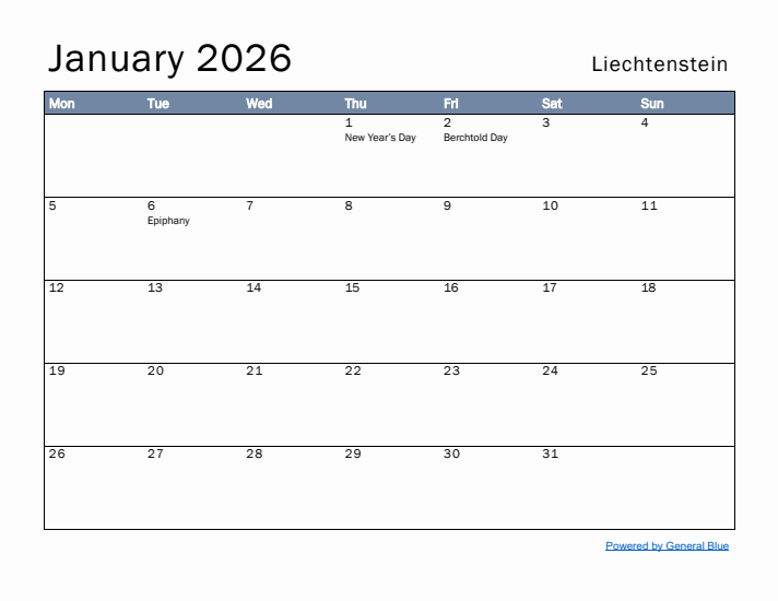 January 2026 Simple Monthly Calendar for Liechtenstein